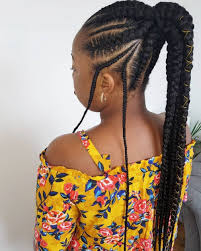 Lemonade Braids style with ponytail Updo hairstyle for black woman